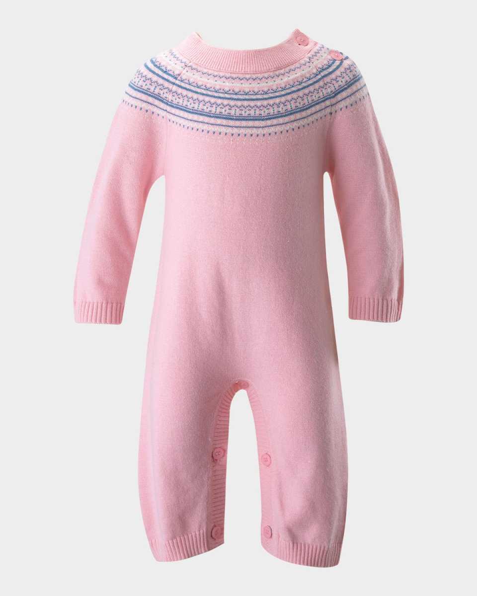 Girl's Fairisle-Trim Knit Playsuit, Size 3M-24