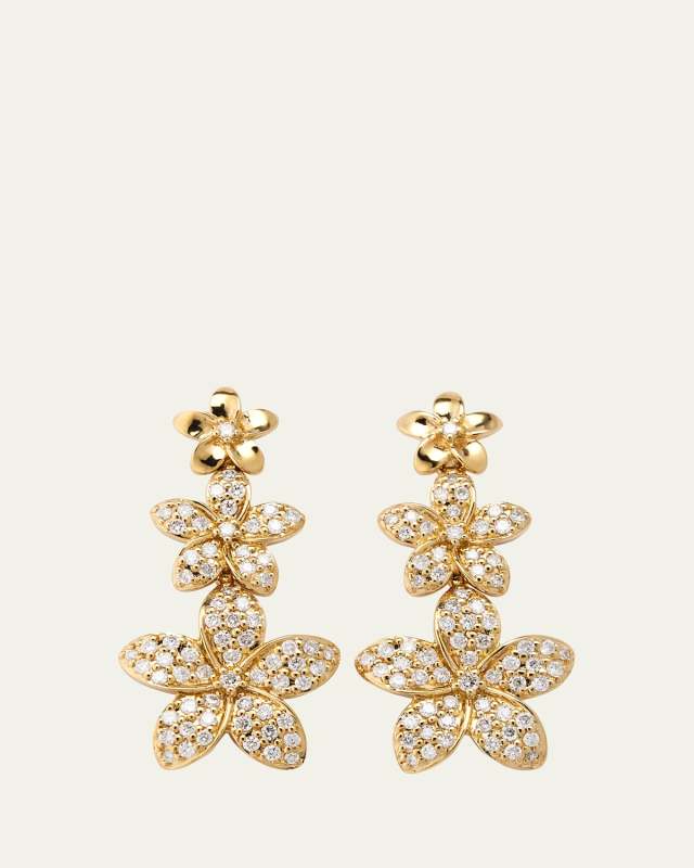 14K Yellow Gold Linear Plumeria Diamond Earrings