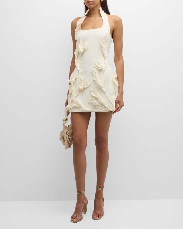 Ela High-Collar Floral Applique Mini Dress