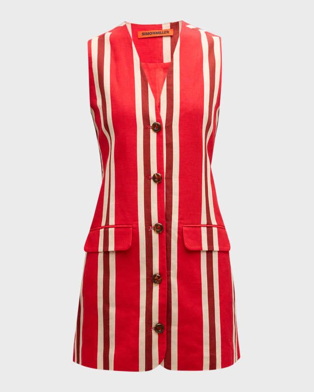 Carob Striped Linen Cotton Sleeveless Mini Dress