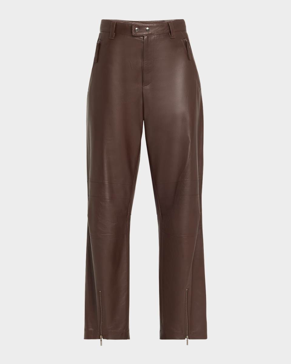 Smooth Glove Leather Straight-Leg Biker Pants With Monili Loop