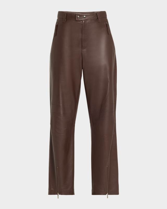 Smooth Glove Leather Straight-Leg Biker Pants With Monili Loop
