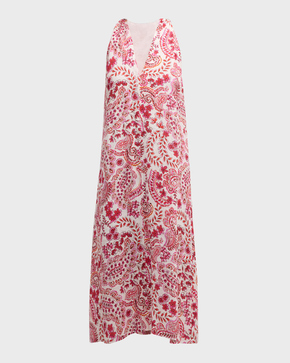 Crisscross Floral-Print Linen Midi Dress
