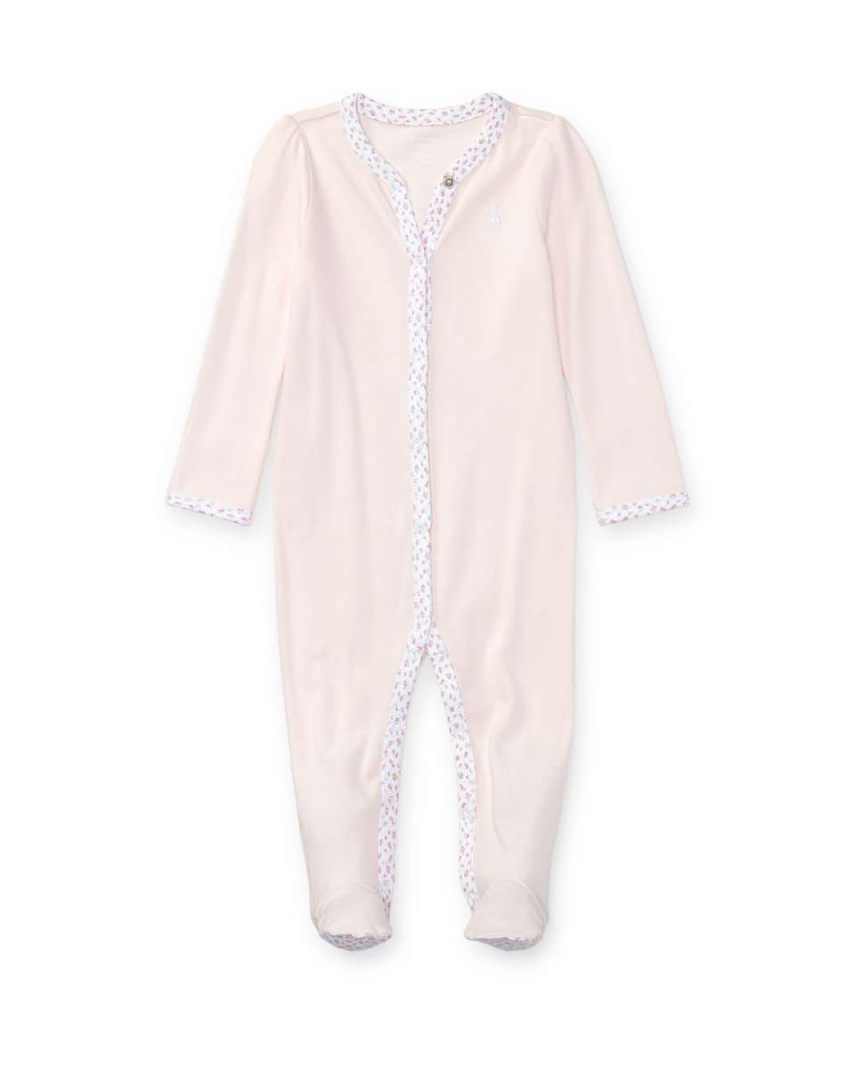 Cotton Footie Pajamas With Floral Trim, Size Newborn-9M