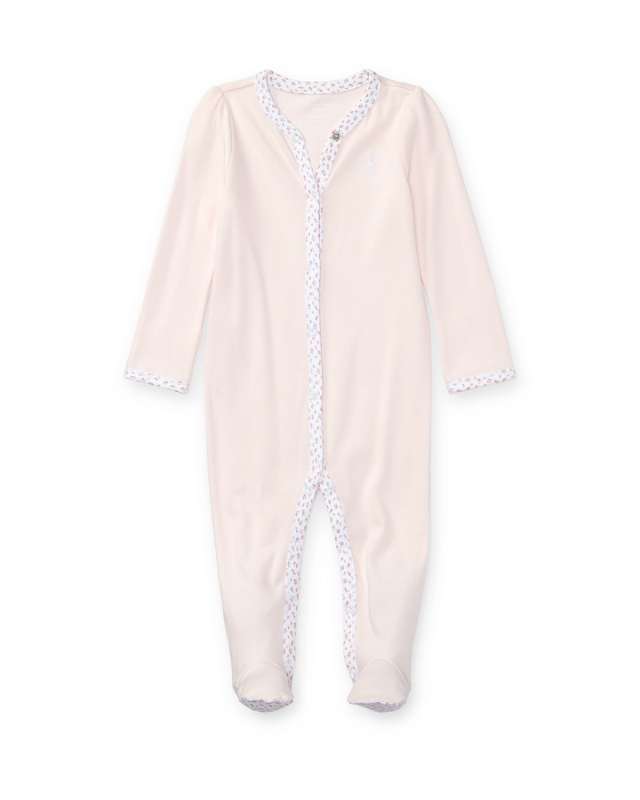 Cotton Footie Pajamas With Floral Trim, Size Newborn-