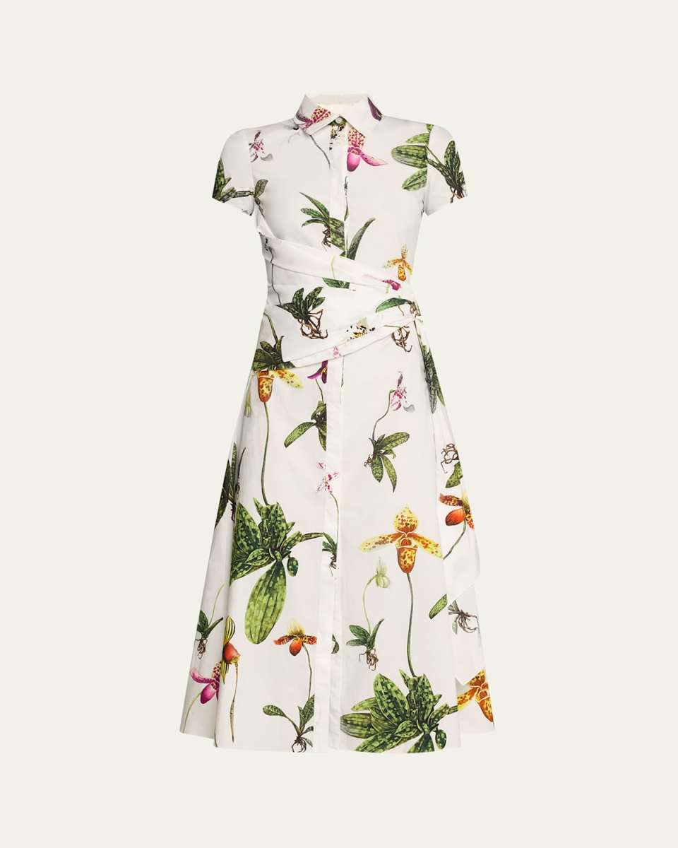 Orchid Print Poplin Midi Dress with Sash Detail