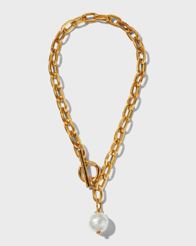 Gold Chain Toggle Necklace with Pearly Drop