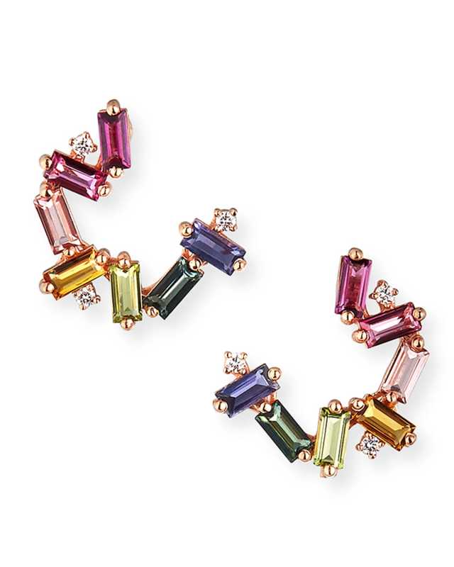 14K Yellow Gold Sideways Spiral Rainbow Hoop Earrings