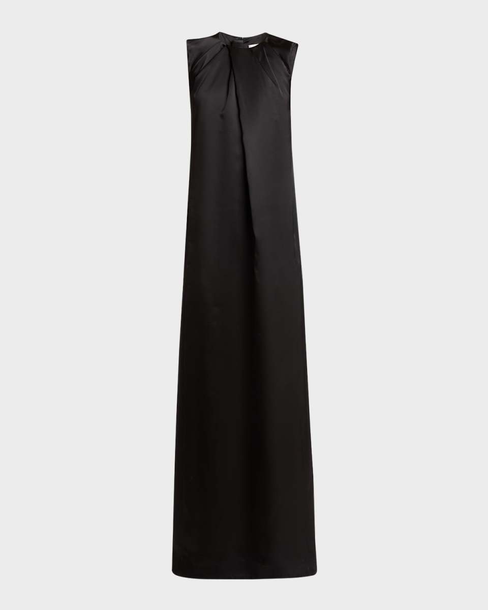 Gathered Sleeveless Satin Maxi Dress
