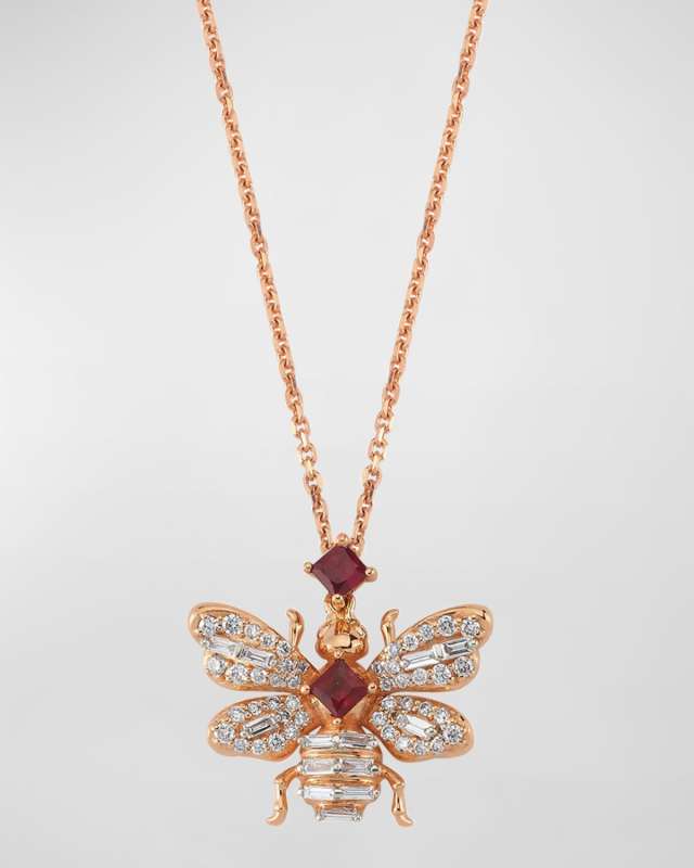 14K Diamond and Ruby Bee Necklace