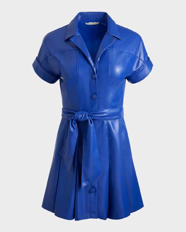 Shirley Short-Sleeve Vegan Leather Pleated Mini Shirtdress