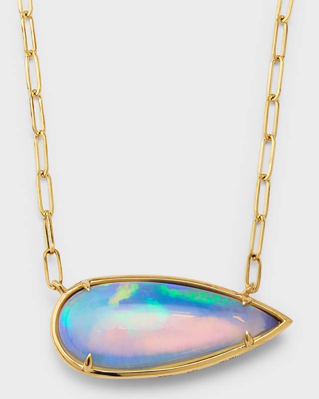 18K Yellow Gold Necklace with Pear Shape Opal on Paper Clip Chain, 8.09tcw
