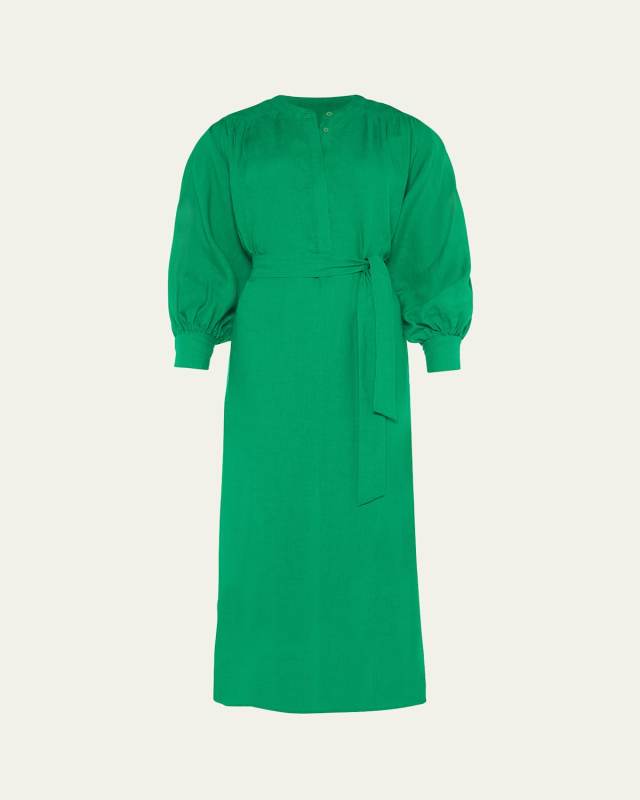 Aimee Belted Long-Sleeve Linen Maxi Dress