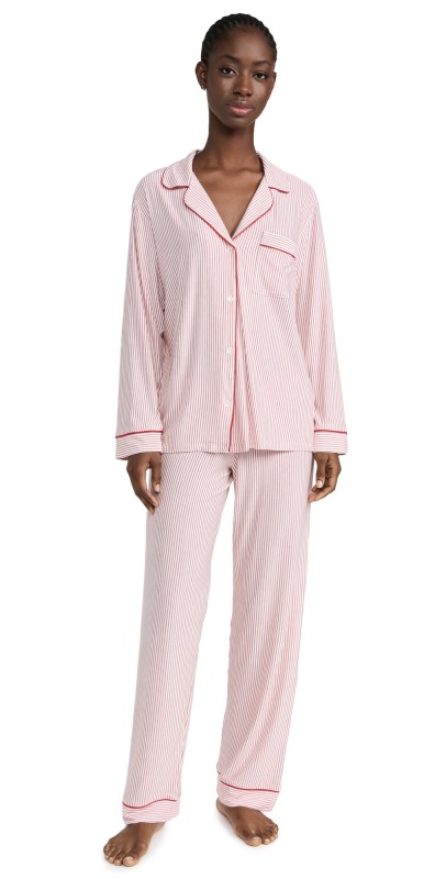 Eberjey Gisele Printed Long PJ Set Duo Stripe Haute Red/Haute Red