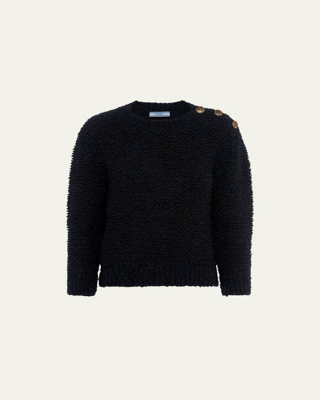 Wool Boucle Knit Sweater with Shoulder Buttons