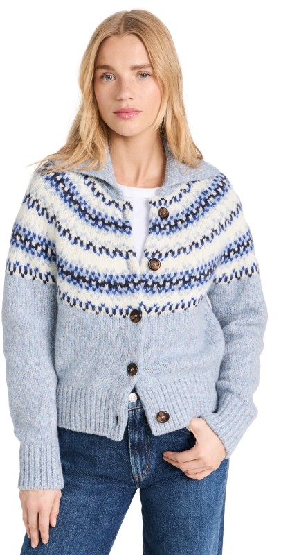 White + Warren Plush Alpaca Blend Fair Isle Cardiganight Blue Combo