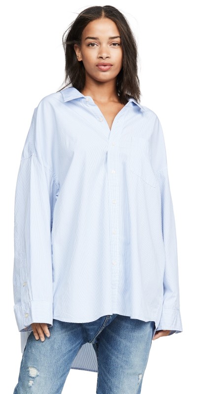 R13 Drop Neck Oxford Shirt Blue/White Pinstripe