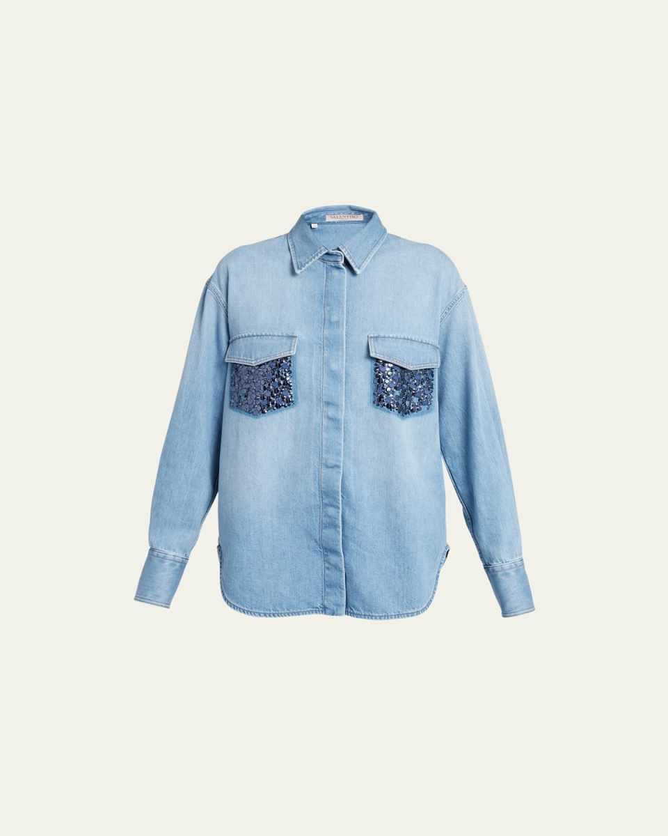 Beaded Pocket Long-Sleeve Collared Chambray Shirt