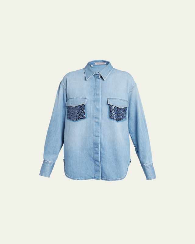 Beaded Pocket Long-Sleeve Collared Chambray Shirt