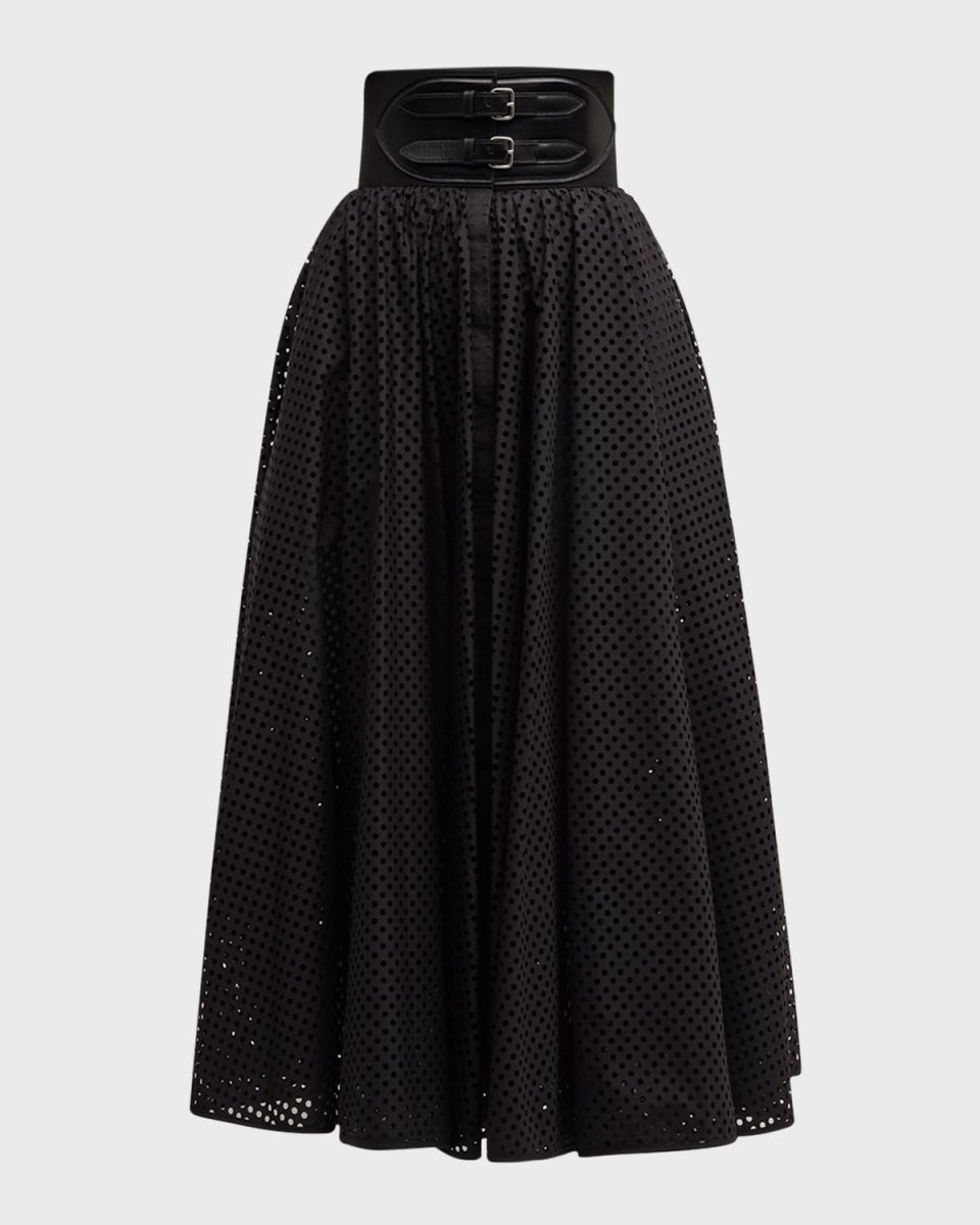 Polka-Dot Double-Buckle Belt Midi Skirt