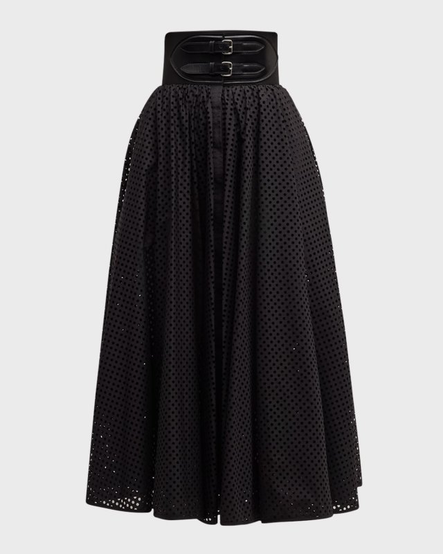 Polka-Dot Double-Buckle Belt Midi Skirt