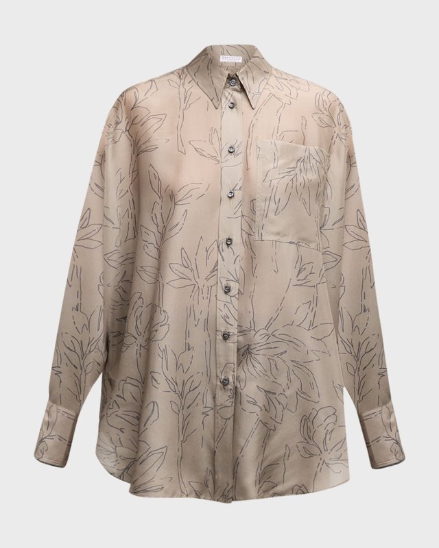 Oversize Magnolia Outline Button-Front Blouse