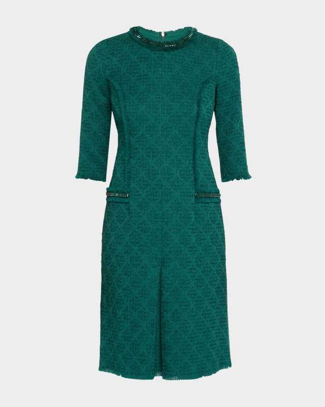 Fringe-Trim Stretch Boucle Dress
