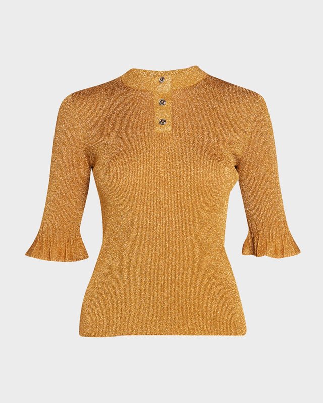 Metallic Rib Ruffle-Cuff Henley Shirt