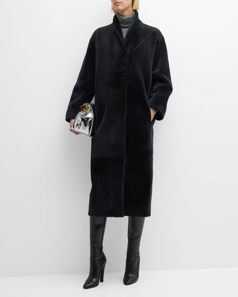 Stand Collar Long Reversible Shearling Coat