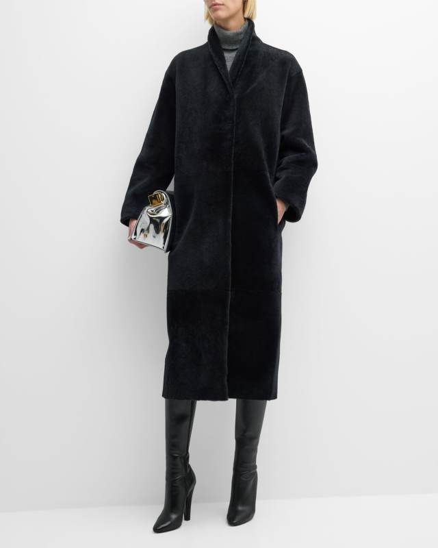 Stand Collar Long Reversible Shearling Coat