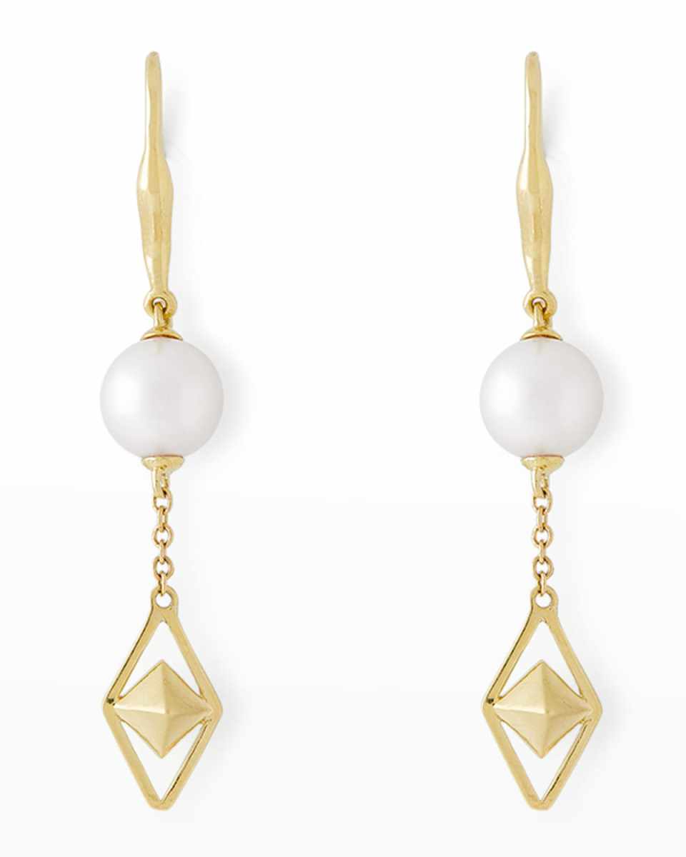 18K Yellow Gold 8.5mm Akoya 2- Pearl and Cube Drop Earrings