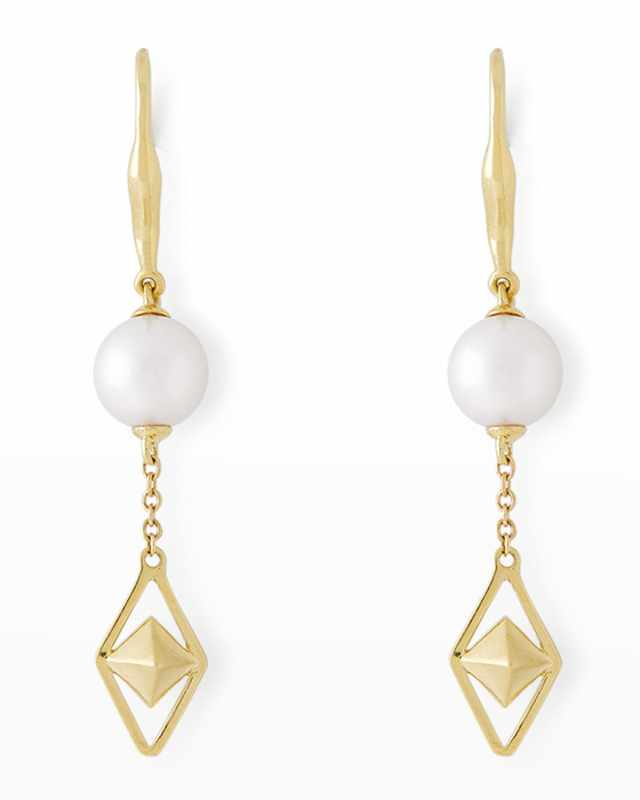 18K Yellow Gold 8.5mm Akoya 2- Pearl and Cube Drop Earrings