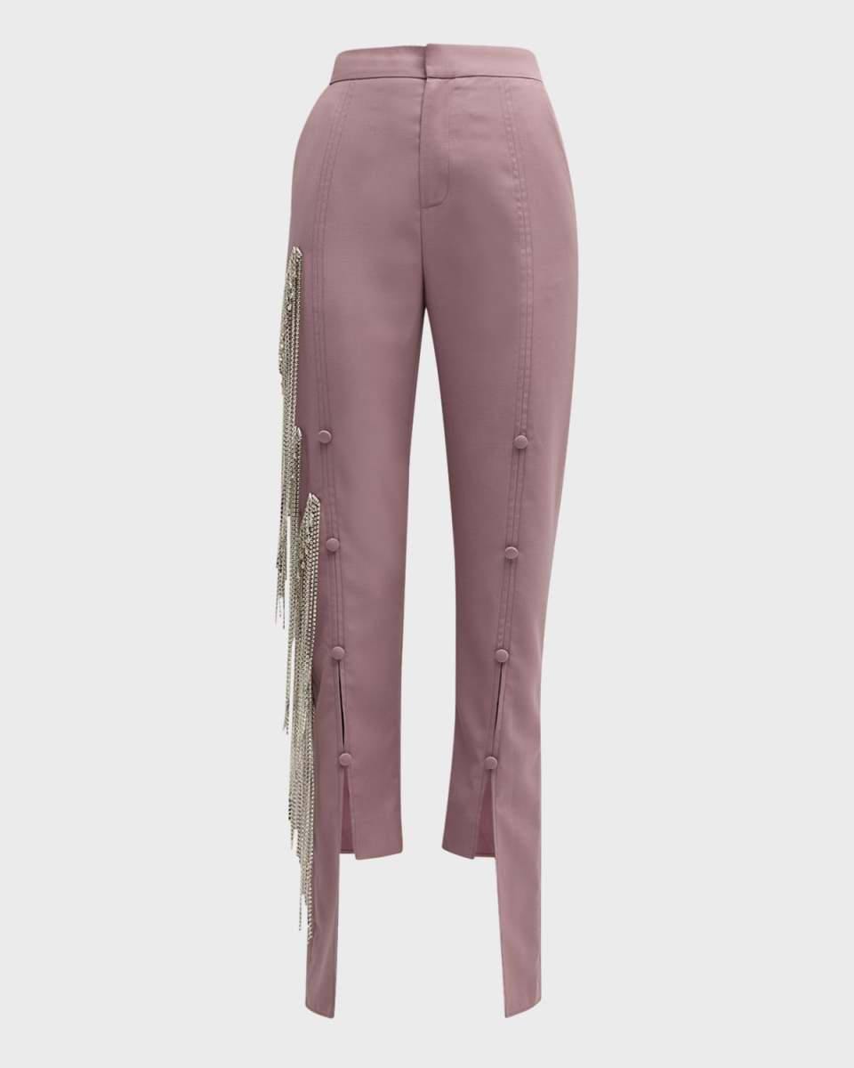Jacob Asymmetric Crystal Fringe Paneled Straight-Leg Ankle Pants