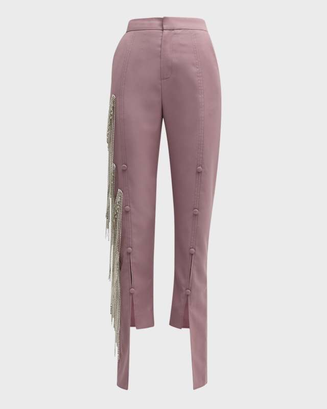 Jacob Asymmetric Crystal Fringe Paneled Straight-Leg Ankle Pants