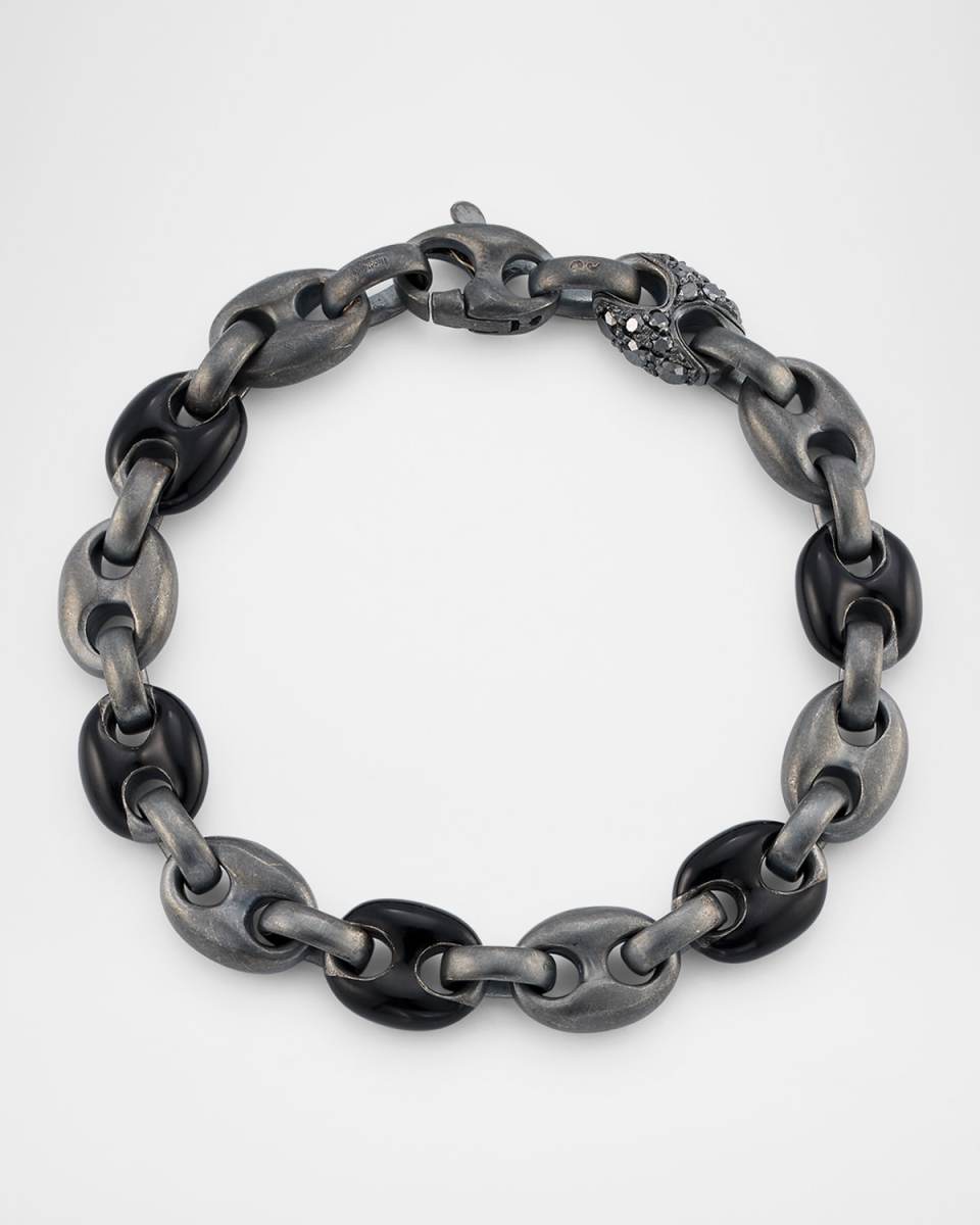 ULYSSES Oxidized Silver and Black Enamel Diamond Chain Bracelet