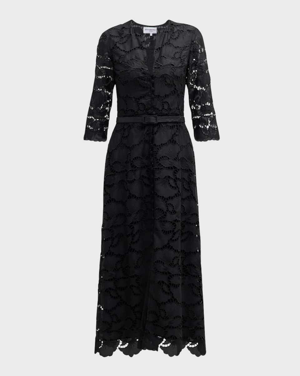 Elizabeth Belted Floral Lace Midi Dress