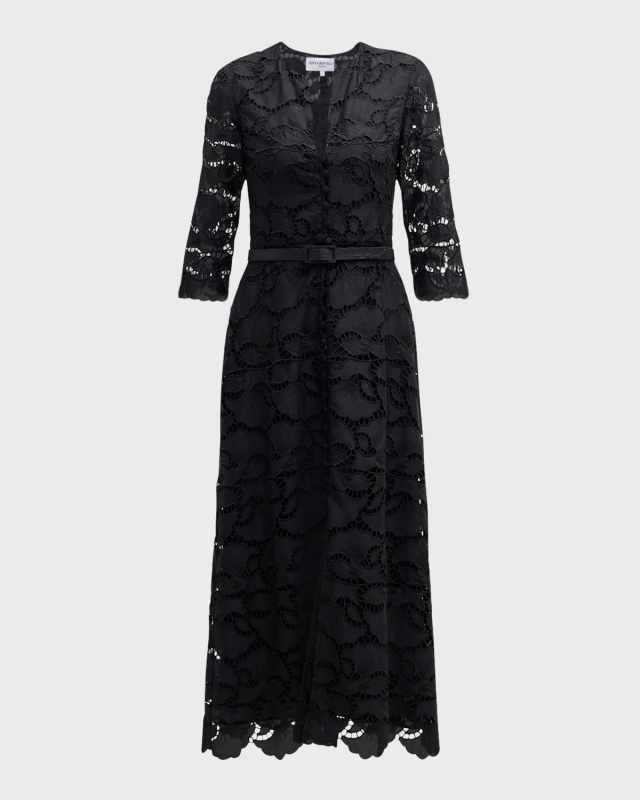 Elizabeth Belted Floral Lace Midi Dress