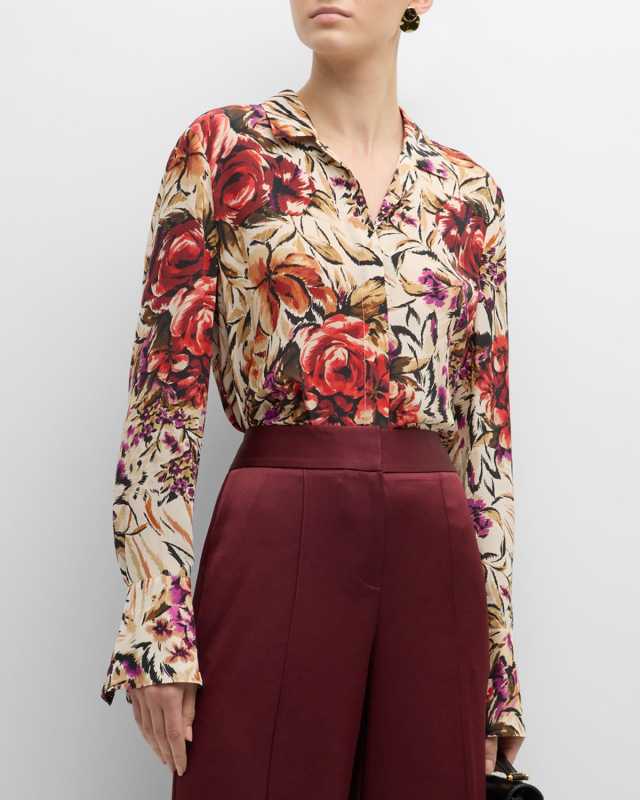 Lola Floral-Print Button-Down Silk Blous