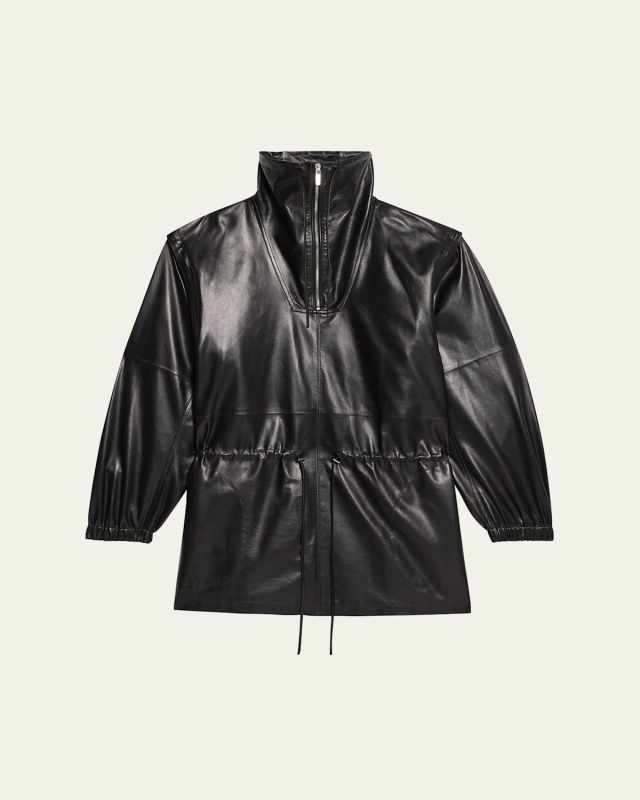Leather Drawstring Coat with Removable Sleeves