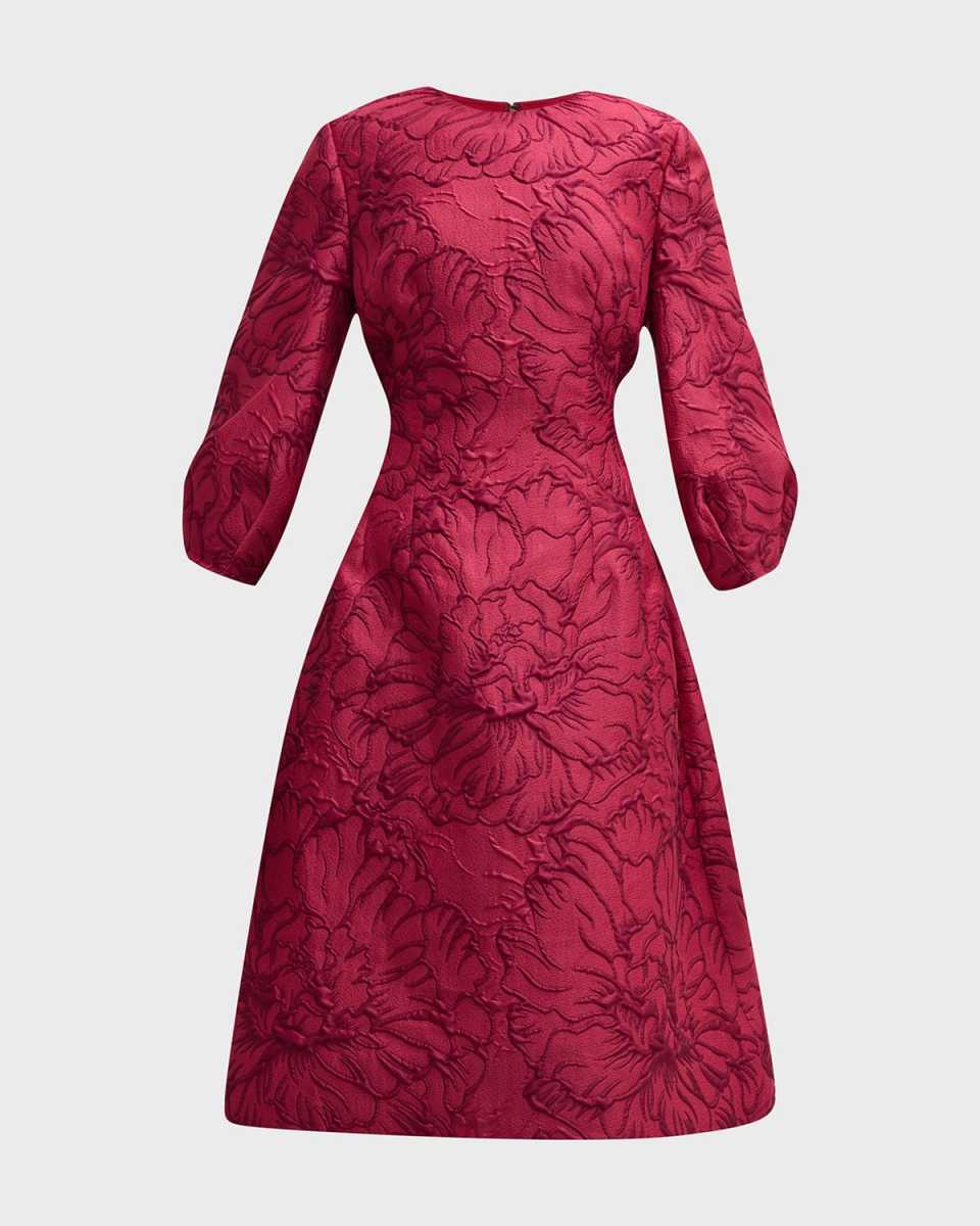 Blouson-Sleeve Floral Jacquard Midi Dress