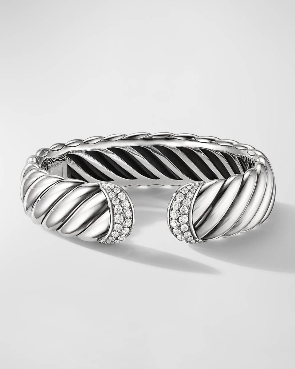 Sculpted Cable Cuff Bracelet with Diamonds in Silver, 17