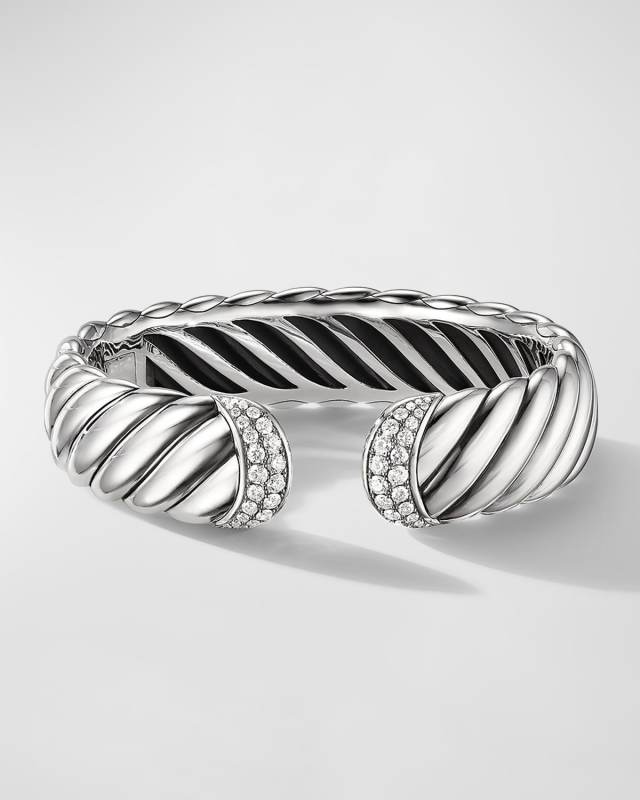 Sculpted Cable Cuff Bracelet with Diamonds in Silver, 17