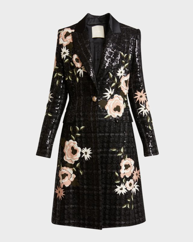 Floral Embroidered Paillette Tweed Coat