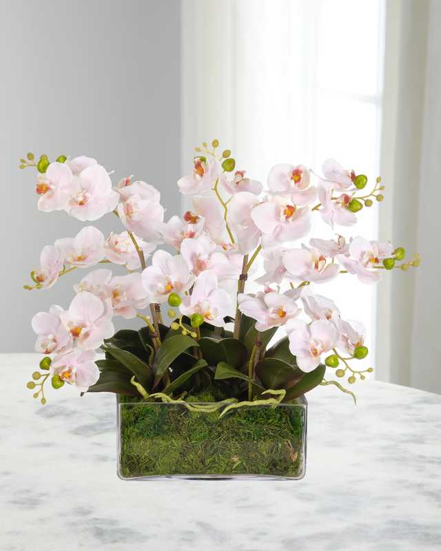 Pink Phalaenopsis Orchids 20" Faux Floral Arrangement in a Moss Glass Square