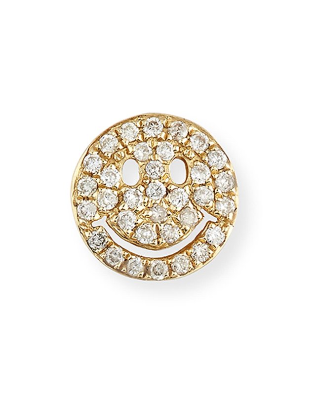 14k Pave Diamond Happy Face Single Stud Earring