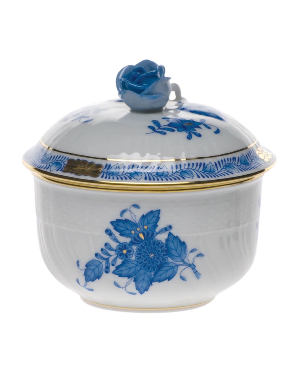 Chinese Bouquet Blue Covered Sugar Bowl with Rose