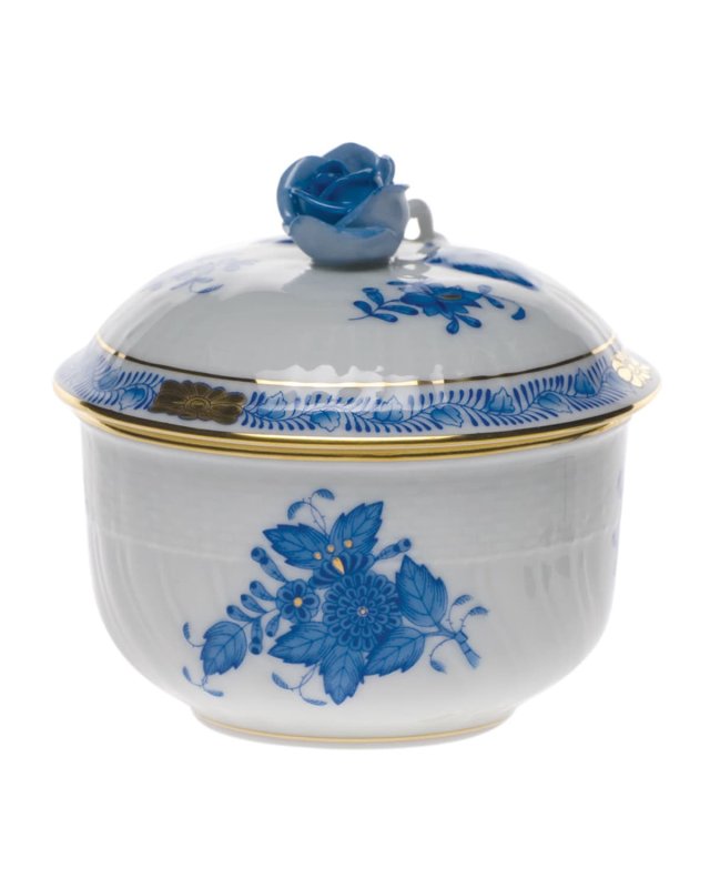 Chinese Bouquet Blue Covered Sugar Bowl with Rose