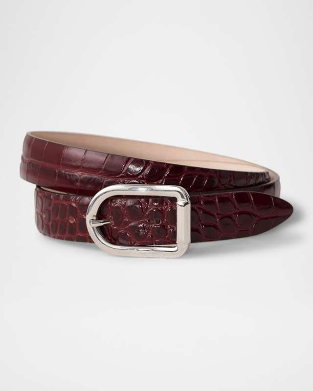 Mija Croco-Embossed Leather Skinny Belt