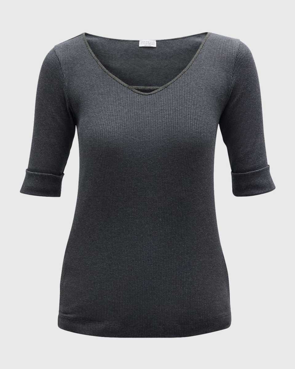 Cotton Stretch Ribbed Top with Monili Necklin