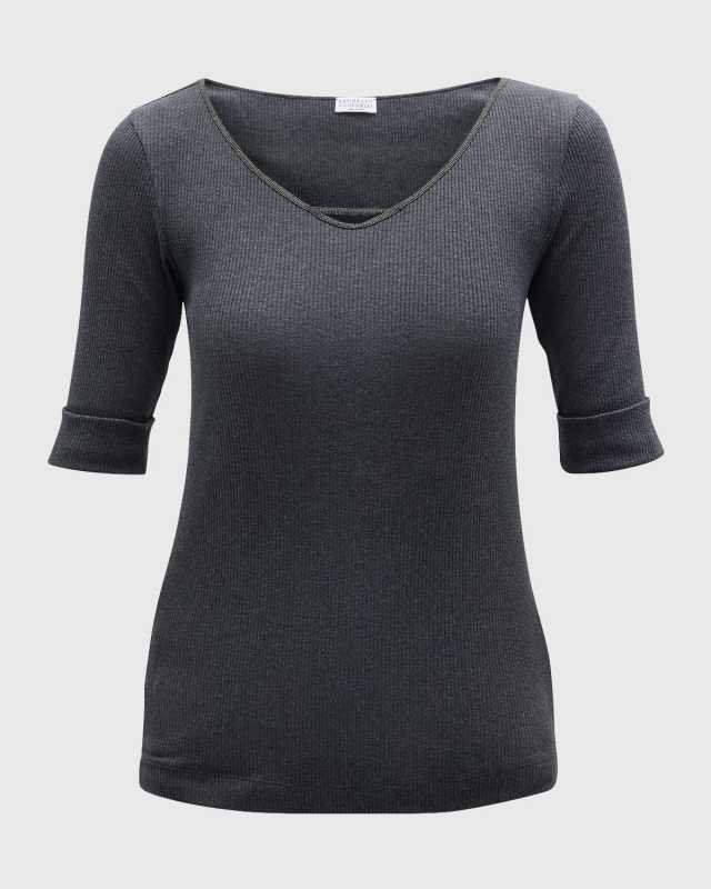 Cotton Stretch Ribbed Top with Monili Necklin